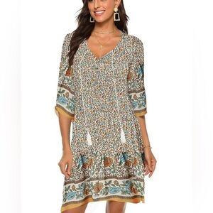 NWT Women’s Bohemian Neck Tie Tassel Vintage Print Mini Dress or Coverup